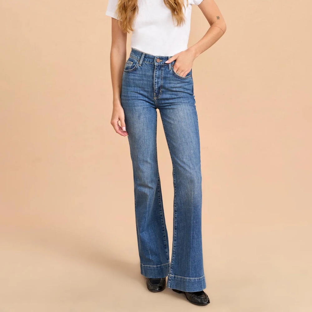 La Ligne Mer High Rise Waisted Dakota Wash Flare Western Wide Leg Jeans Size 28